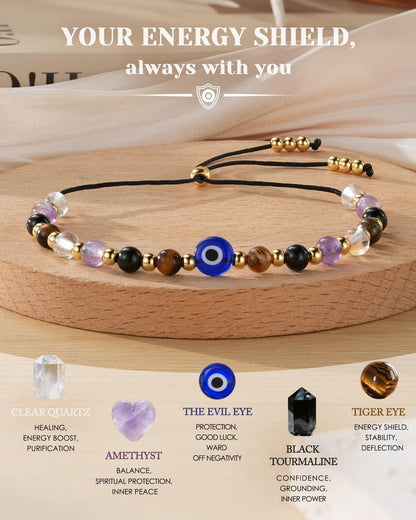HGDEER Evil Eye Armband – Schwarzer Turmalin & Tigerauge Schutzarmband, Kristall-Armband für Frauen, Heilende Spirituelle Schmuck, Erdung & Positive Energie, Geschenkidee (Lila)