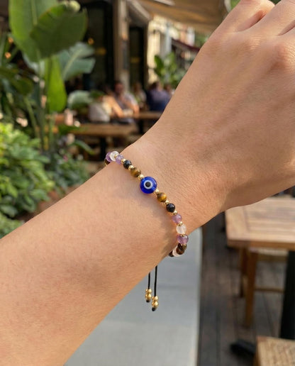HGDEER Evil Eye Armband – Schwarzer Turmalin & Tigerauge Schutzarmband, Kristall-Armband für Frauen, Heilende Spirituelle Schmuck, Erdung & Positive Energie, Geschenkidee (Lila)