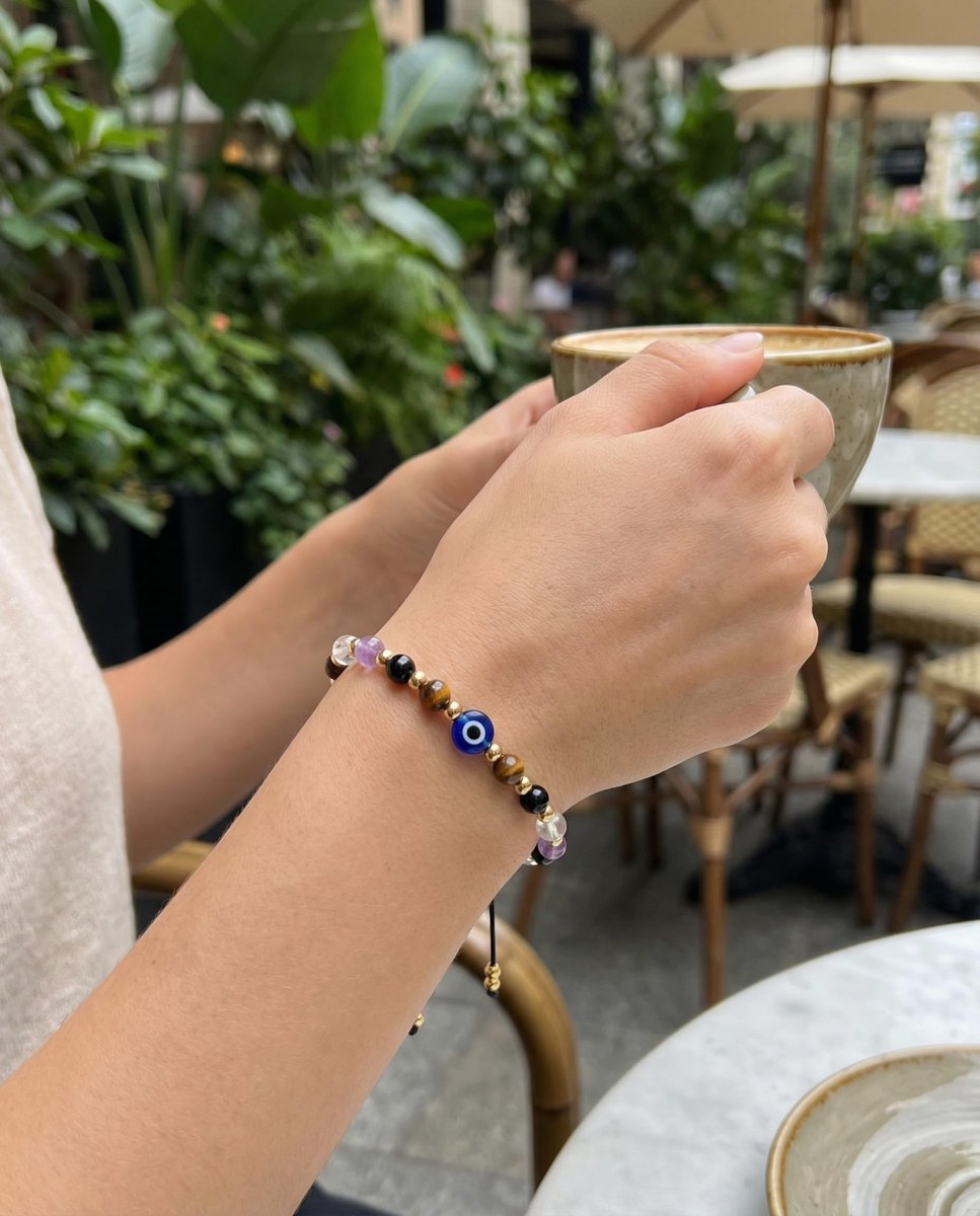 HGDEER Evil Eye Armband – Schwarzer Turmalin & Tigerauge Schutzarmband, Kristall-Armband für Frauen, Heilende Spirituelle Schmuck, Erdung & Positive Energie, Geschenkidee (Lila)