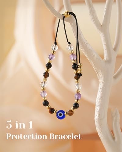 HGDEER Evil Eye Armband – Schwarzer Turmalin & Tigerauge Schutzarmband, Kristall-Armband für Frauen, Heilende Spirituelle Schmuck, Erdung & Positive Energie, Geschenkidee (Lila)
