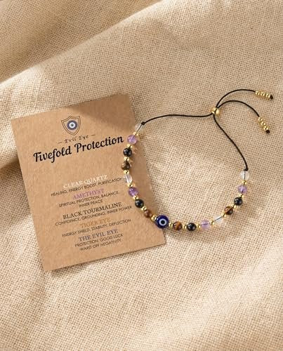 HGDEER Evil Eye Armband – Schwarzer Turmalin & Tigerauge Schutzarmband, Kristall-Armband für Frauen, Heilende Spirituelle Schmuck, Erdung & Positive Energie, Geschenkidee (Lila)