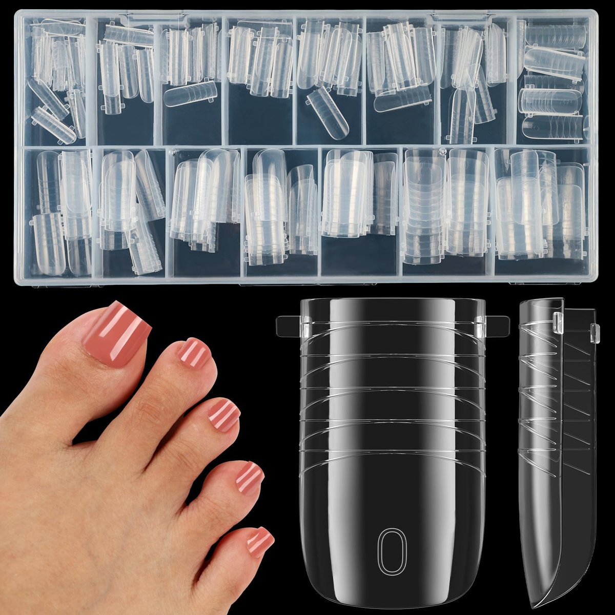 160 Stück Zehennagelformen für Polygel & Builder Gel – Wiederverwendbare Quadratische Zehennagelschablonen in 16 Größen – Professionelle Pediküre-Nagelverlängerungen für Salon & DIY zu Hause