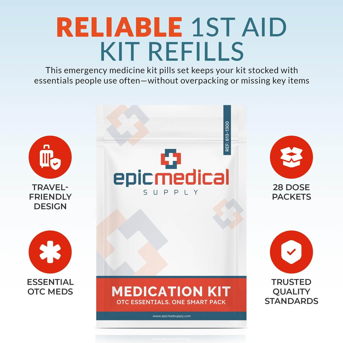Epic Medical Supply Erste-Hilfe-Set Medikamentennachfüllung – 28 Einzeldosis-Packungen – Notfallmedikamente für Erste-Hilfe-Kit Nachfüllungen, Reisen, Büro, Wohnheim, Camping – Hergestellt in den USA