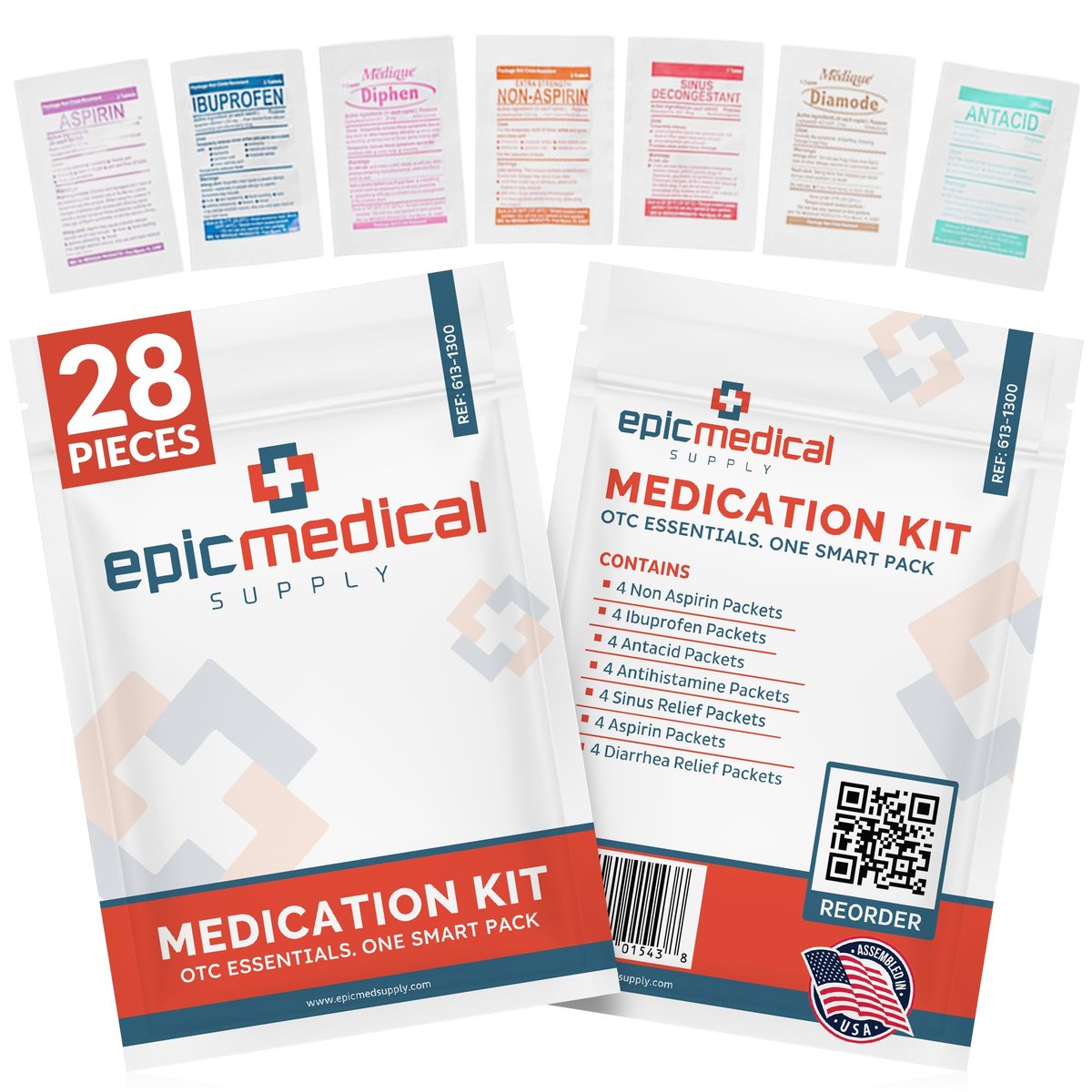Epic Medical Supply Erste-Hilfe-Set Medikamentennachfüllung – 28 Einzeldosis-Packungen – Notfallmedikamente für Erste-Hilfe-Kit Nachfüllungen, Reisen, Büro, Wohnheim, Camping – Hergestellt in den USA