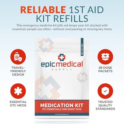 Epic Medical Supply Erste-Hilfe-Set Medikamentennachfüllung – 28 Einzeldosis-Packungen – Notfallmedikamente für Erste-Hilfe-Kit Nachfüllungen, Reisen, Büro, Wohnheim, Camping – Hergestellt in den USA