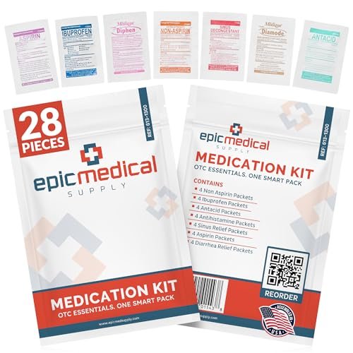 Epic Medical Supply Erste-Hilfe-Set Medikamentennachfüllung – 28 Einzeldosis-Packungen – Notfallmedikamente für Erste-Hilfe-Kit Nachfüllungen, Reisen, Büro, Wohnheim, Camping – Hergestellt in den USA