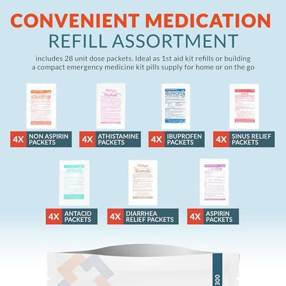 Epic Medical Supply Erste-Hilfe-Set Medikamentennachfüllung – 28 Einzeldosis-Packungen – Notfallmedikamente für Erste-Hilfe-Kit Nachfüllungen, Reisen, Büro, Wohnheim, Camping – Hergestellt in den USA