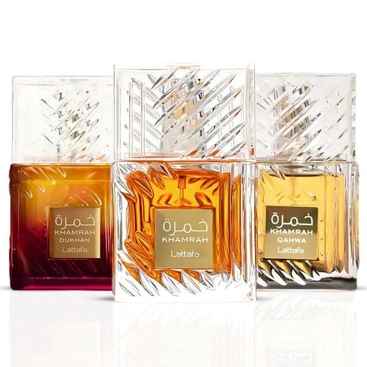 Lattafa Khamrah, Khamrah Qahwa & Khamrah Dukhan Eau De Parfum Spray 100ml (3,4 oz) – Unisex langanhaltender Duft – 3er-Geschenkset – Premium Orientalisches Parfüm