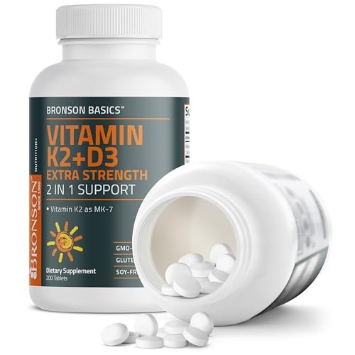 Bronson Vitamin K2 (MK7) mit D3 Extra starke 2-in-1-Unterstützung, 10.000 IE Vitamin D3 & 120 mcg K2 MK-7, 200 Tabletten