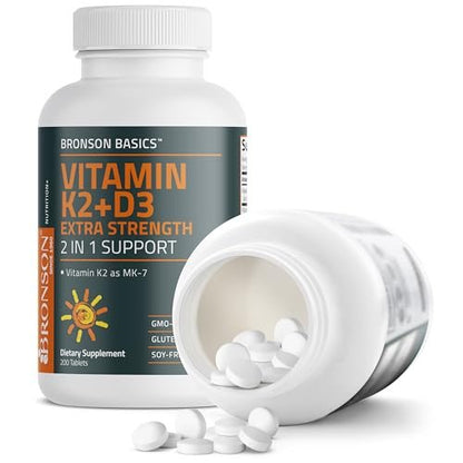 Bronson Vitamin K2 (MK7) mit D3 Extra starke 2-in-1-Unterstützung, 10.000 IE Vitamin D3 & 120 mcg K2 MK-7, 200 Tabletten