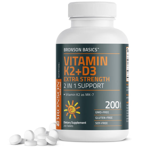 Bronson Vitamin K2 (MK7) mit D3 Extra starke 2-in-1-Unterstützung, 10.000 IE Vitamin D3 & 120 mcg K2 MK-7, 200 Tabletten