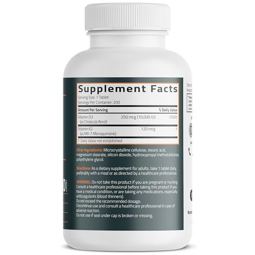 Bronson Vitamin K2 (MK7) mit D3 Extra starke 2-in-1-Unterstützung, 10.000 IE Vitamin D3 & 120 mcg K2 MK-7, 200 Tabletten