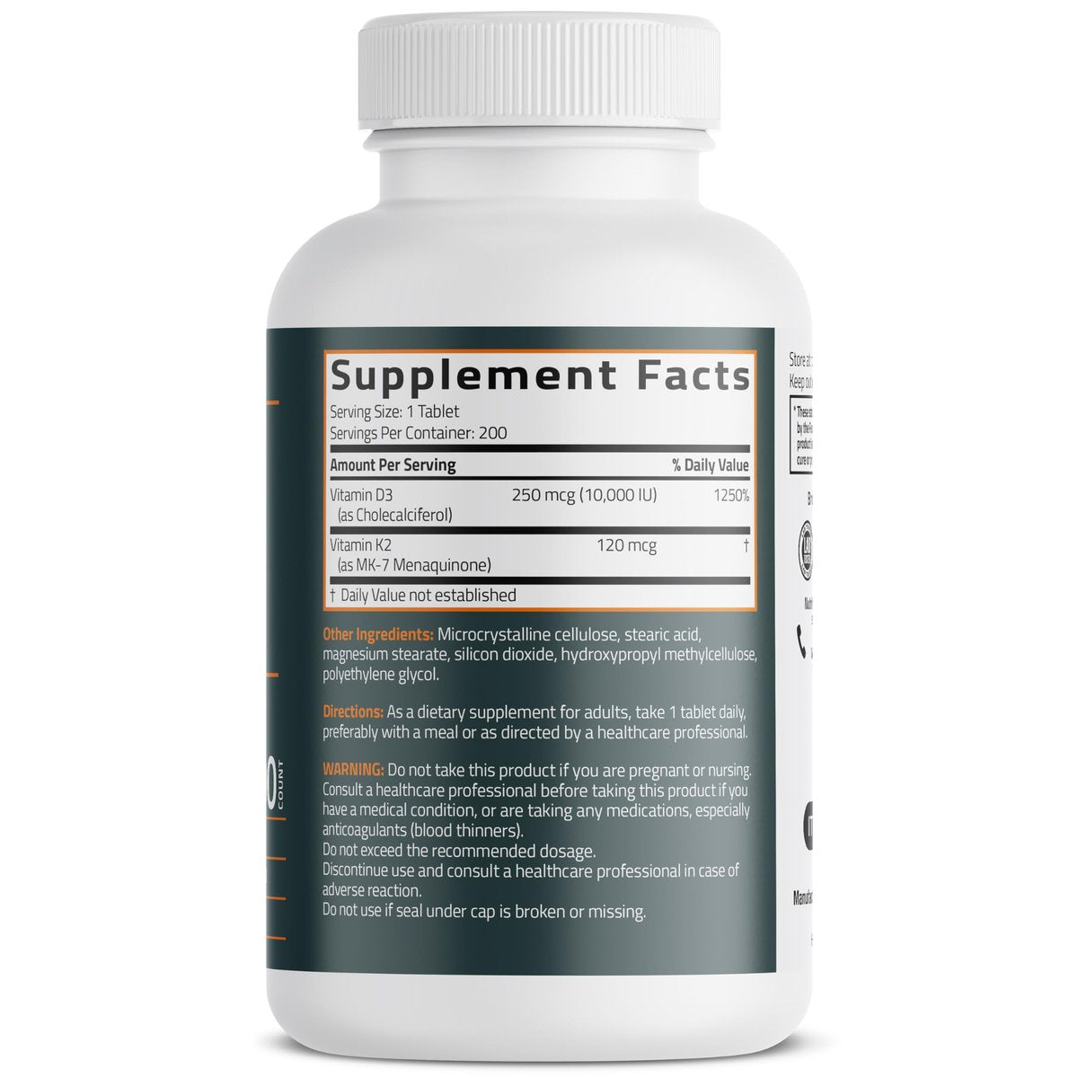 Bronson Vitamin K2 (MK7) mit D3 Extra starke 2-in-1-Unterstützung, 10.000 IE Vitamin D3 & 120 mcg K2 MK-7, 200 Tabletten