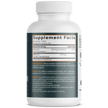 Bronson Vitamin K2 (MK7) mit D3 Extra starke 2-in-1-Unterstützung, 10.000 IE Vitamin D3 & 120 mcg K2 MK-7, 200 Tabletten