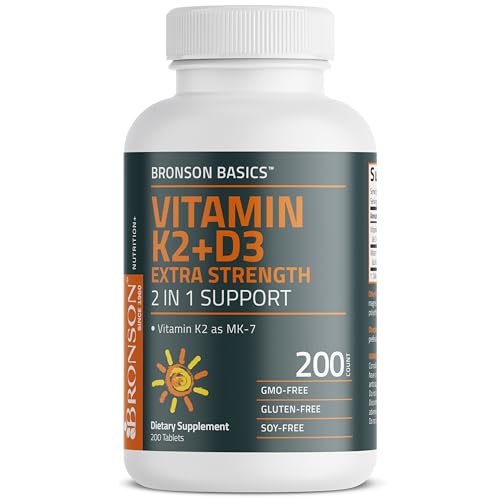 Bronson Vitamin K2 (MK7) mit D3 Extra starke 2-in-1-Unterstützung, 10.000 IE Vitamin D3 & 120 mcg K2 MK-7, 200 Tabletten