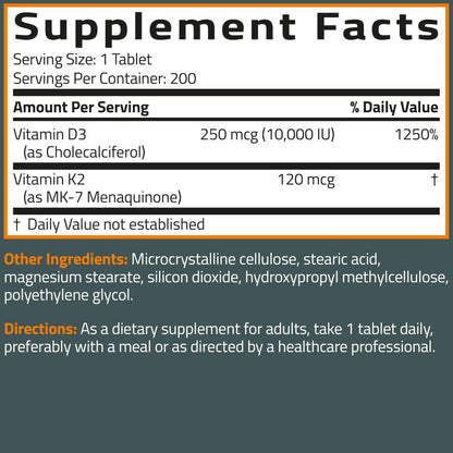 Bronson Vitamin K2 (MK7) mit D3 Extra starke 2-in-1-Unterstützung, 10.000 IE Vitamin D3 & 120 mcg K2 MK-7, 200 Tabletten