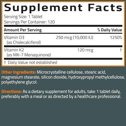 Bronson Vitamin K2 (MK7) mit D3 Extra starke 2-in-1-Unterstützung, 10.000 IE Vitamin D3 & 120 mcg K2 MK-7, 200 Tabletten