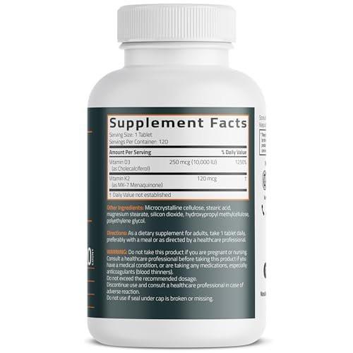 Bronson Vitamin K2 (MK7) mit D3 Extra Starke 2-in-1 Unterstützung, 10.000 IE Vitamin D3 & 120 mcg K2 MK-7, 120 Tabletten