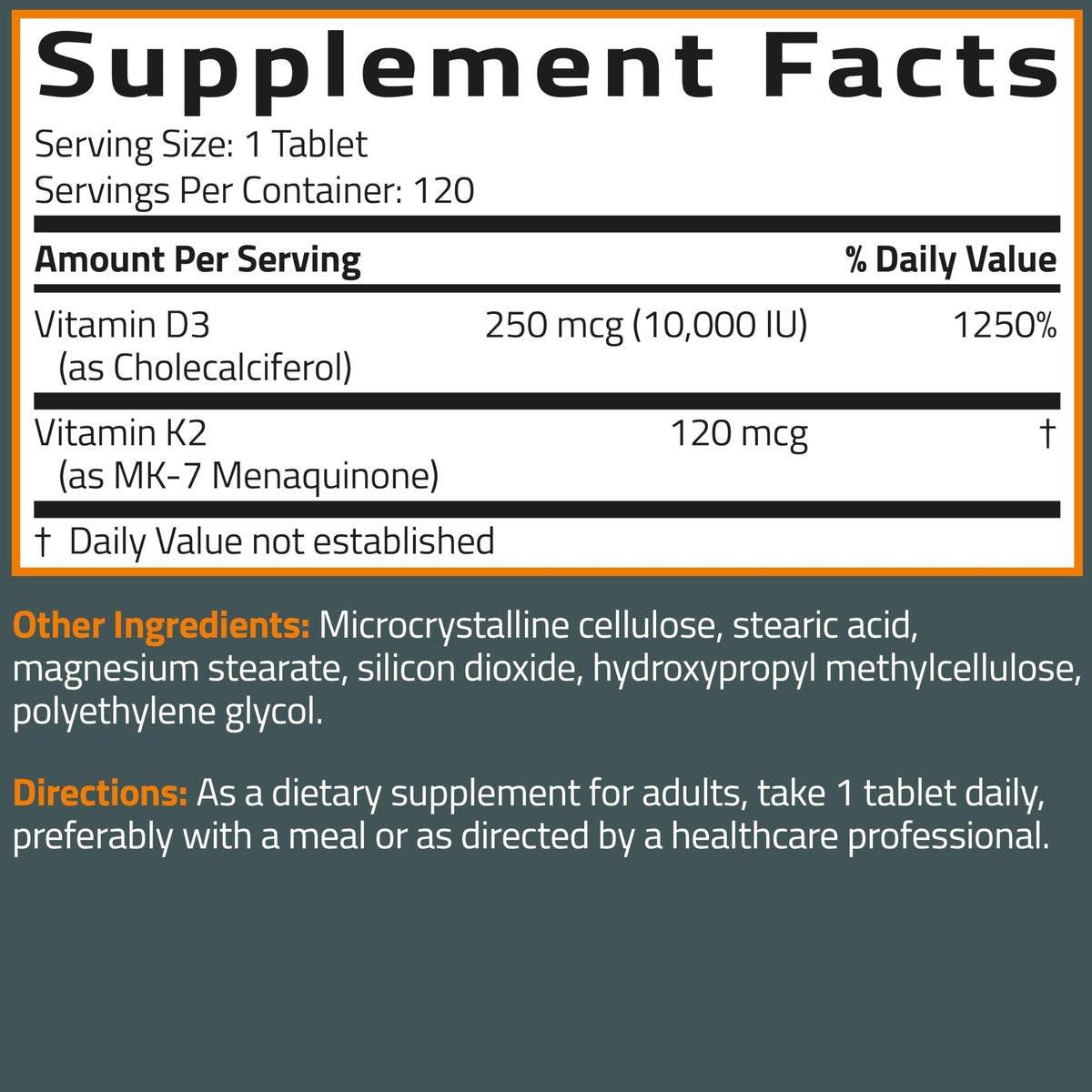 Bronson Vitamin K2 (MK7) mit D3 Extra Starke 2-in-1 Unterstützung, 10.000 IE Vitamin D3 & 120 mcg K2 MK-7, 120 Tabletten