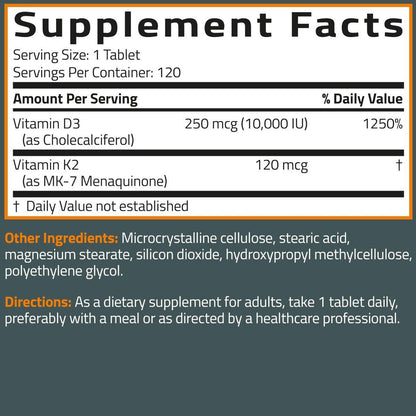 Bronson Vitamin K2 (MK7) mit D3 Extra Starke 2-in-1 Unterstützung, 10.000 IE Vitamin D3 & 120 mcg K2 MK-7, 120 Tabletten