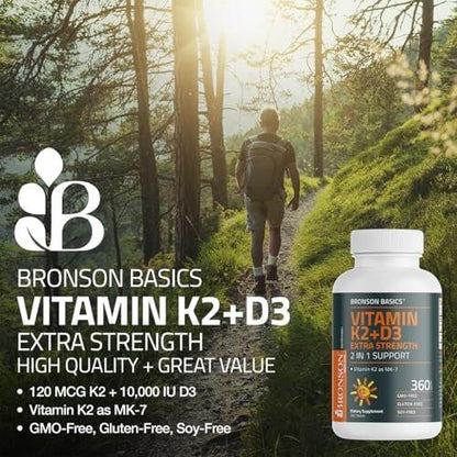 Bronson Vitamin K2 (MK7) mit D3 Extra Starke 2-in-1 Unterstützung, 10.000 IE Vitamin D3 & 120 mcg K2 MK-7, 120 Tabletten