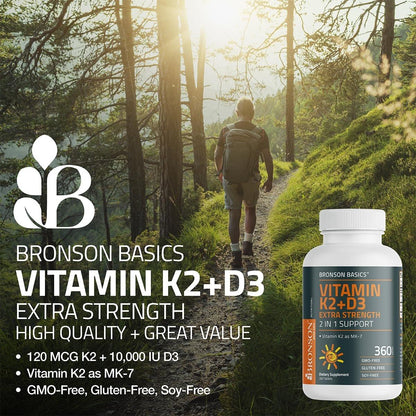 Bronson Vitamin K2 (MK7) mit D3 Extra Starke 2-in-1 Unterstützung, 10.000 IE Vitamin D3 & 120 mcg K2 MK-7, 120 Tabletten