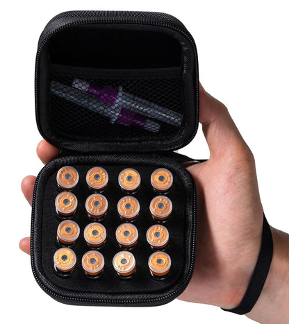 Moyite Peptid-Aufbewahrungsbox mit 16 Fächern für Kühlschrank – Schwarz, Klein, für 1ml/2ml/3ml Fläschchen, mit Handschlaufe und Logo