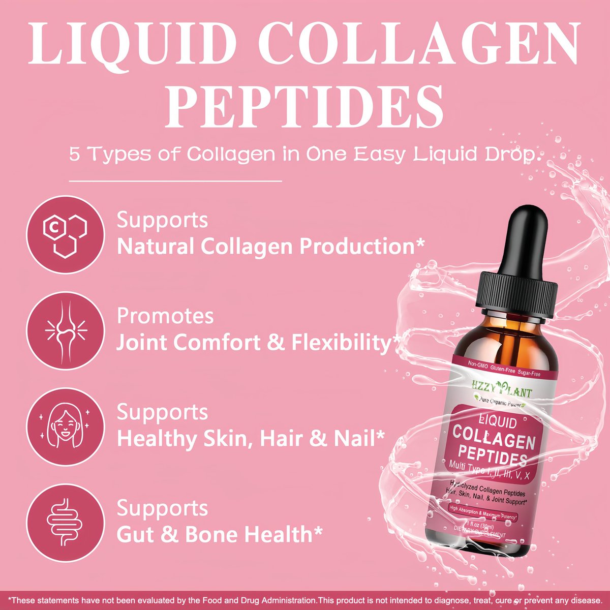 Flüssiges Multi-Kollagen-Peptid für Frauen – Typ I, II, III, V, X mit Glucosamin, MSM, Hyaluronsäure – Hochabsorbierende hydrolysierte Kollagen-Tropfen für Haut, Haare, Nägel & Gelenke – Non-GMO