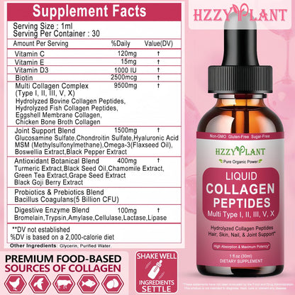 Flüssiges Multi-Kollagen-Peptid für Frauen – Typ I, II, III, V, X mit Glucosamin, MSM, Hyaluronsäure – Hochabsorbierende hydrolysierte Kollagen-Tropfen für Haut, Haare, Nägel & Gelenke – Non-GMO