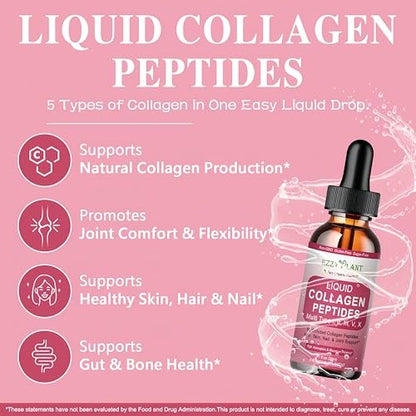 Flüssiges Multi-Kollagen-Peptid für Frauen – Typ I, II, III, V, X mit Glucosamin, MSM, Hyaluronsäure – Hochabsorbierende hydrolysierte Kollagen-Tropfen für Haut, Haare, Nägel & Gelenke – Non-GMO