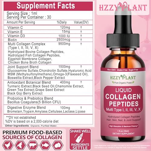 Flüssiges Multi-Kollagen-Peptid für Frauen – Typ I, II, III, V, X mit Glucosamin, MSM, Hyaluronsäure – Hochabsorbierende hydrolysierte Kollagen-Tropfen für Haut, Haare, Nägel & Gelenke – Non-GMO