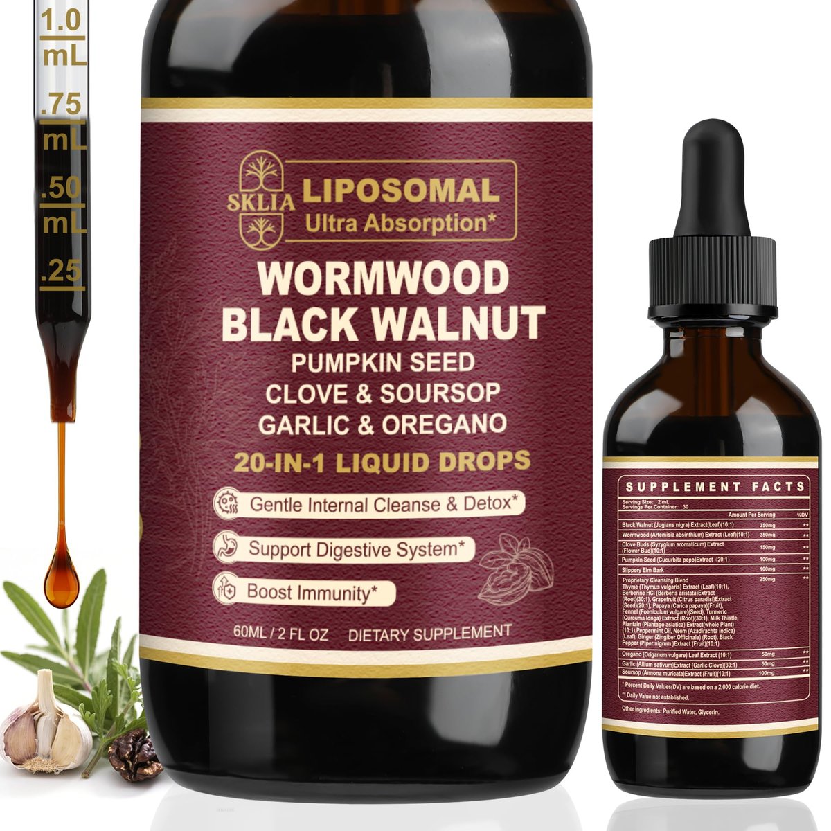 SKLIA 20-in-1 Liposomale Wermut-Black Walnut Reinigung für Menschen – Tropfen zur schnellen Darmreinigung & Verdauungsunterstützung mit Nelke, Berberin, Knoblauch, Soursop, Ulme, Oregano – Schnell absorbierend 2 Fl Oz