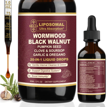 SKLIA 20-in-1 Liposomale Wermut-Black Walnut Reinigung für Menschen – Tropfen zur schnellen Darmreinigung & Verdauungsunterstützung mit Nelke, Berberin, Knoblauch, Soursop, Ulme, Oregano – Schnell absorbierend 2 Fl Oz