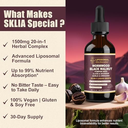 SKLIA 20-in-1 Liposomale Wermut-Black Walnut Reinigung für Menschen – Tropfen zur schnellen Darmreinigung & Verdauungsunterstützung mit Nelke, Berberin, Knoblauch, Soursop, Ulme, Oregano – Schnell absorbierend 2 Fl Oz