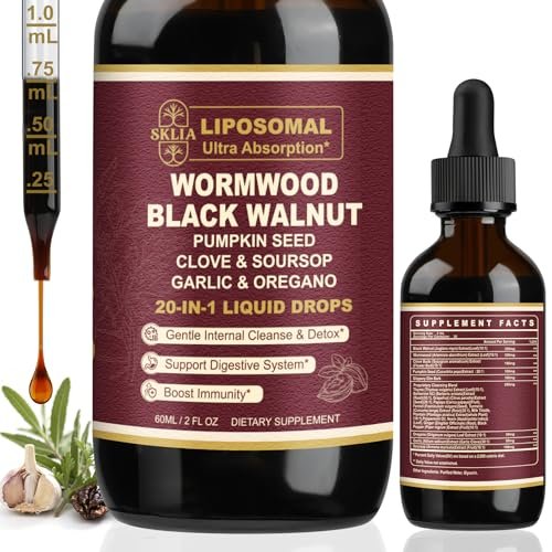 SKLIA 20-in-1 Liposomale Wermut-Black Walnut Reinigung für Menschen – Tropfen zur schnellen Darmreinigung & Verdauungsunterstützung mit Nelke, Berberin, Knoblauch, Soursop, Ulme, Oregano – Schnell absorbierend 2 Fl Oz