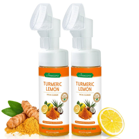 Joanssore 2er-Pack Kurkuma-Zitronen-Gesichtsreiniger mit Bürste, Vitamin C Schaum-Gesichtsreiniger, Kurkuma-Seife Zitronen-Seife Tiefenreinigung mit Kokosöl, für alle Hauttypen, 150 g / 5,07 Fl Oz x2