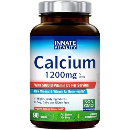 Innate Vitality Calcium 1200 mg mit Vitamin D3, 5000 IE Vitamin D3, absorbierbares Calciumpräparat, Non-GMO, glutenfrei, für Knochen und Immunsystem, 90 Tabletten