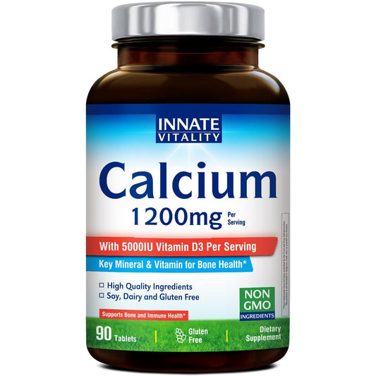 Innate Vitality Calcium 1200 mg mit Vitamin D3, 5000 IE Vitamin D3, absorbierbares Calciumpräparat, Non-GMO, glutenfrei, für Knochen und Immunsystem, 90 Tabletten
