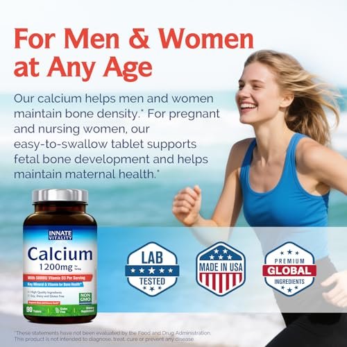 Innate Vitality Calcium 1200 mg mit Vitamin D3, 5000 IE Vitamin D3, absorbierbares Calciumpräparat, Non-GMO, glutenfrei, für Knochen und Immunsystem, 90 Tabletten