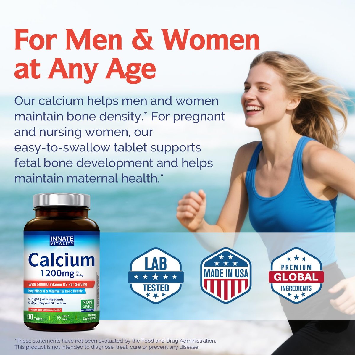 Innate Vitality Calcium 1200 mg mit Vitamin D3, 5000 IE Vitamin D3, absorbierbares Calciumpräparat, Non-GMO, glutenfrei, für Knochen und Immunsystem, 90 Tabletten