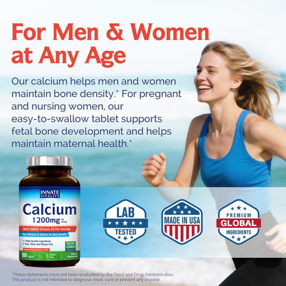 Innate Vitality Calcium 1200 mg mit Vitamin D3, 5000 IE Vitamin D3, absorbierbares Calciumpräparat, Non-GMO, glutenfrei, für Knochen und Immunsystem, 90 Tabletten