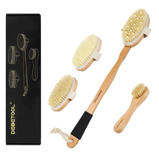 DEBETOOL Trockenbürsten-Set für Körper & Gesicht – Trockenbürste mit langem Griff & 3 Ersatzköpfen (Weich/Mittel/Fest) für Lymphdrainage & Cellulite