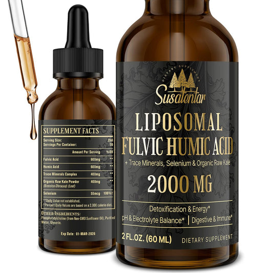 2000 MG Liposomale Fulvinsäure + Huminsäure + Spurenemineralkomplex – Stärker als Shilajit, Elektrolyt-Flüssigergänzung mit Bio-Grünkohl für Verdauung, Immunität & pH-Gleichgewicht, 60 ml