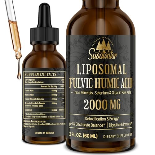 2000 MG Liposomale Fulvinsäure + Huminsäure + Spurenemineralkomplex – Stärker als Shilajit, Elektrolyt-Flüssigergänzung mit Bio-Grünkohl für Verdauung, Immunität & pH-Gleichgewicht, 60 ml