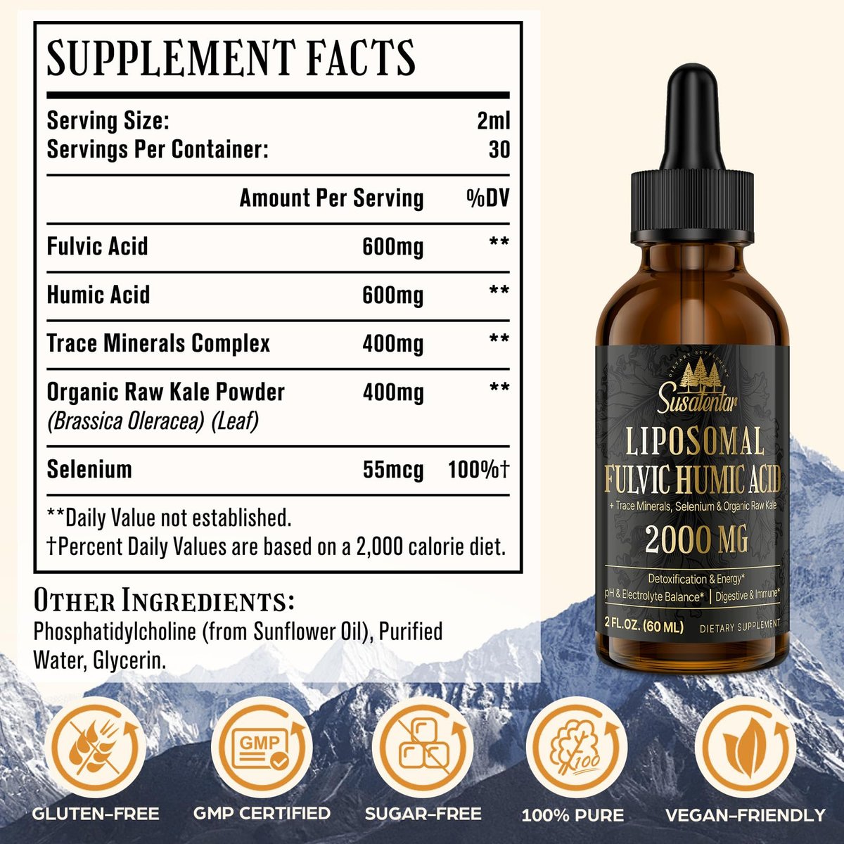 2000 MG Liposomale Fulvinsäure + Huminsäure + Spurenemineralkomplex – Stärker als Shilajit, Elektrolyt-Flüssigergänzung mit Bio-Grünkohl für Verdauung, Immunität & pH-Gleichgewicht, 60 ml