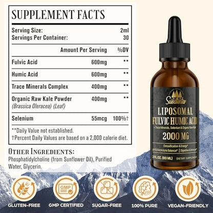 2000 MG Liposomale Fulvinsäure + Huminsäure + Spurenemineralkomplex – Stärker als Shilajit, Elektrolyt-Flüssigergänzung mit Bio-Grünkohl für Verdauung, Immunität & pH-Gleichgewicht, 60 ml