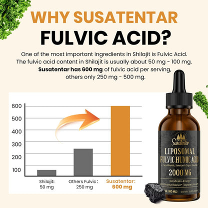 2000 MG Liposomale Fulvinsäure + Huminsäure + Spurenemineralkomplex – Stärker als Shilajit, Elektrolyt-Flüssigergänzung mit Bio-Grünkohl für Verdauung, Immunität & pH-Gleichgewicht, 60 ml