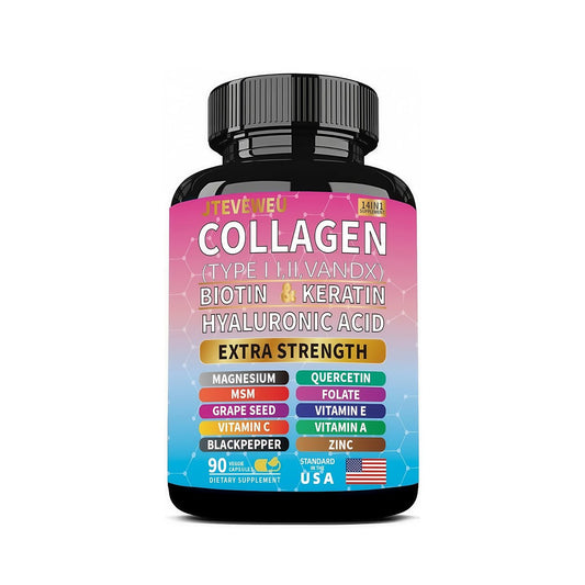 JTEVEweu Kollagen Komplex – Typen I, II, III, V & X, MCG Biotin, Keratin, Hyaluronsäure, Zink, Traubenkernextrakt, Quercetin, Vitamin A, C, E, Magnesium, Folsäure (90 Kapseln)
