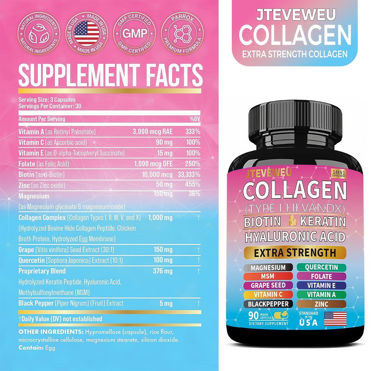 JTEVEweu Kollagen Komplex – Typen I, II, III, V & X, MCG Biotin, Keratin, Hyaluronsäure, Zink, Traubenkernextrakt, Quercetin, Vitamin A, C, E, Magnesium, Folsäure (90 Kapseln)