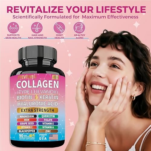 JTEVEweu Kollagen Komplex – Typen I, II, III, V & X, MCG Biotin, Keratin, Hyaluronsäure, Zink, Traubenkernextrakt, Quercetin, Vitamin A, C, E, Magnesium, Folsäure (90 Kapseln)